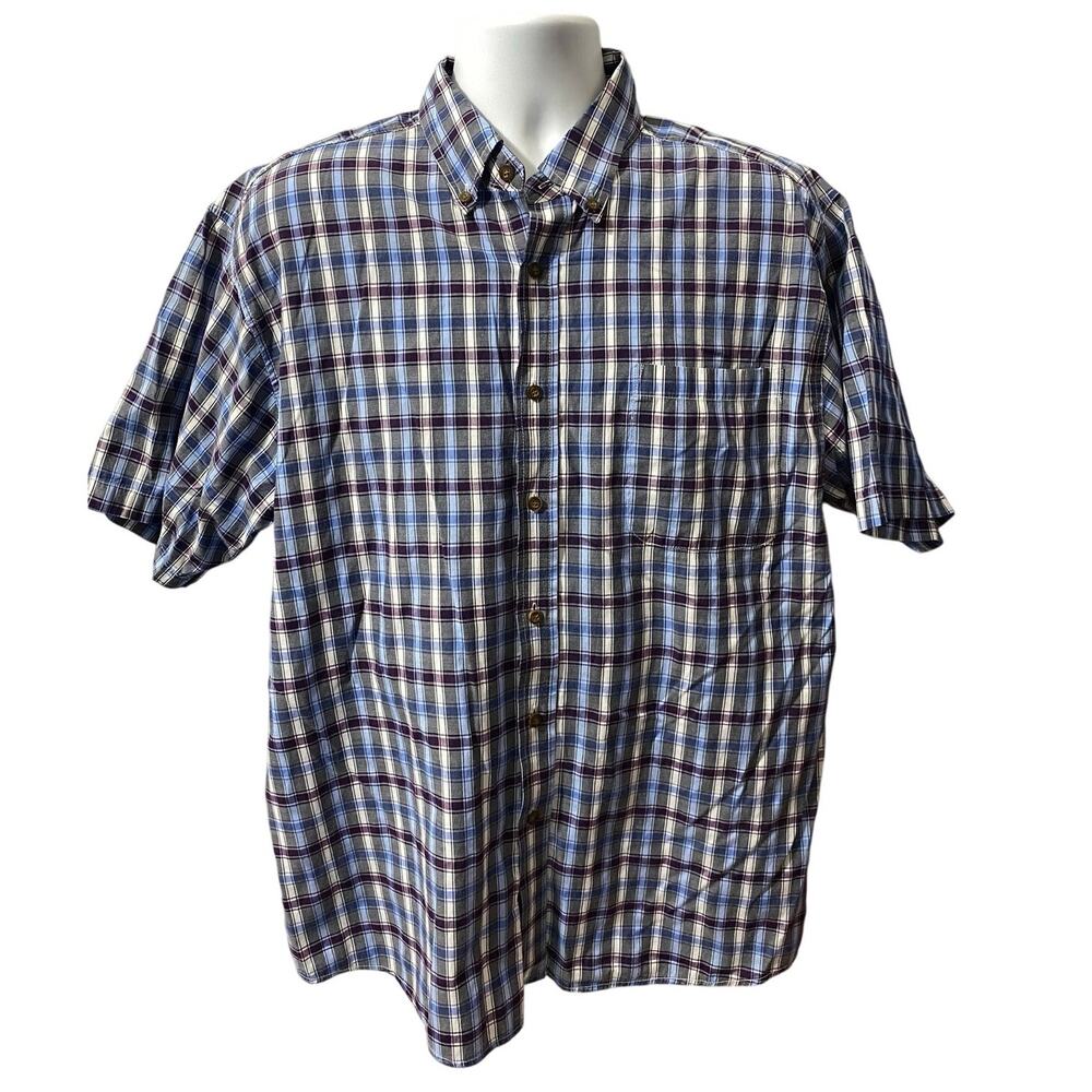 NOB HILL BAND COLLAR SHIRT — Blue Plaid Short Sleeve Casual Men's Large